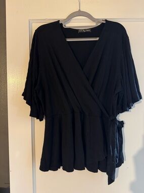 Kim & Cami Black Faux Wrap Peplum Tie-Front Top